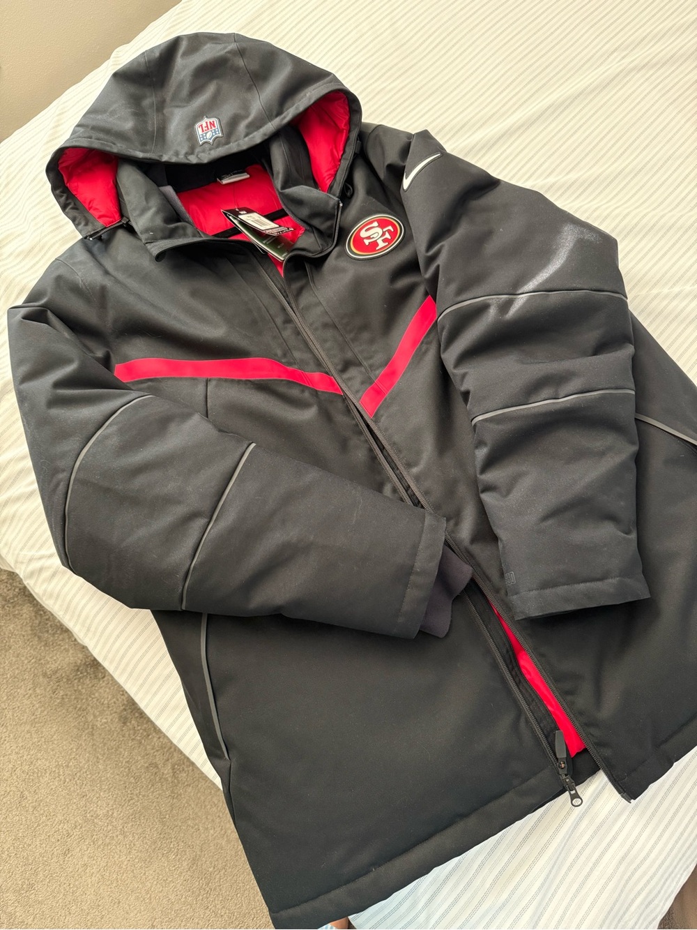 Nike Black and Red San Francisco 49ers Hooded Puffer Jacket